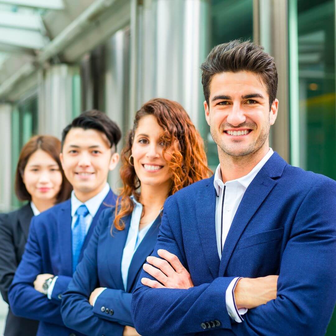 professional men and women in blue suite